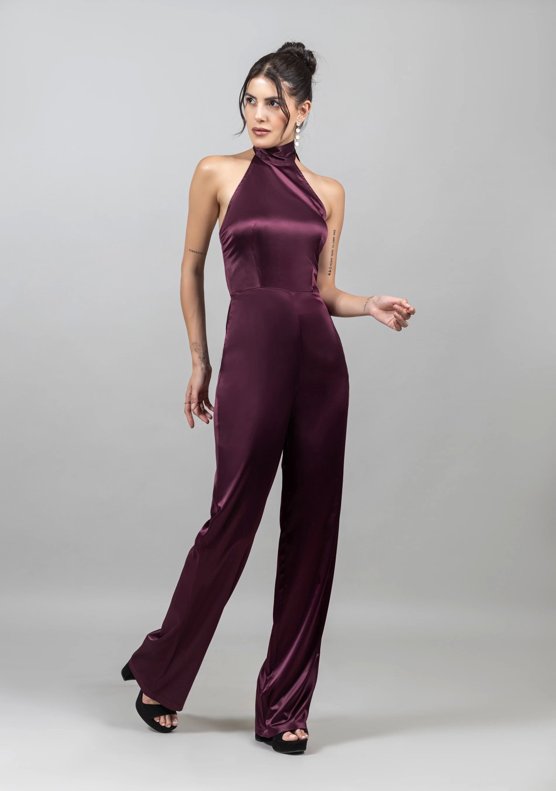 Wine Satin Halter Neck Jumpsuit