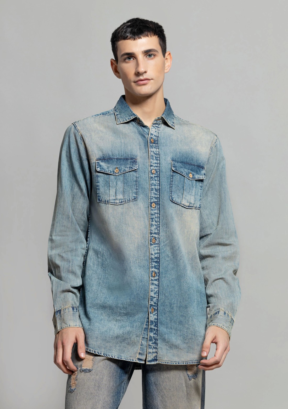 Mid Blue Regular Fit Men's Denim Shirt