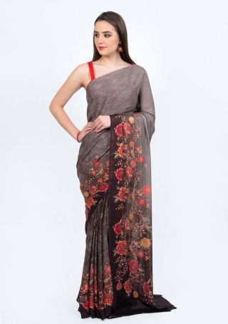 Designer Digital Printed Grey and Black Georgette Saree