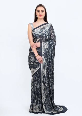 Black and White Digital Printed Pure Georgette Saree