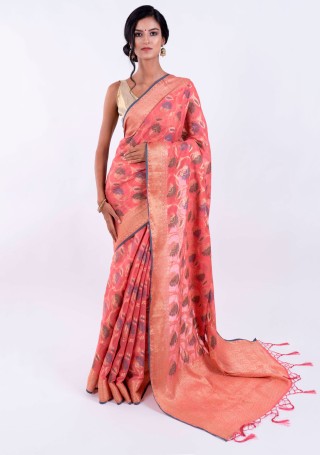 Banarasi Cotton Silk Coral Saree with Multicolor Resham Floral Zaal & Zari Border