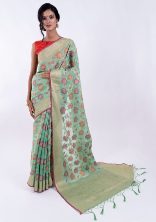 Banarasi Cotton Silk Sea Green Saree with Multicolor Resham Floral Zaal & Zari Border