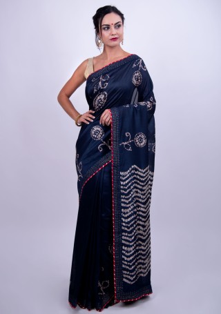 Navy Blue Bandhej Foil Printed Georgette Saree