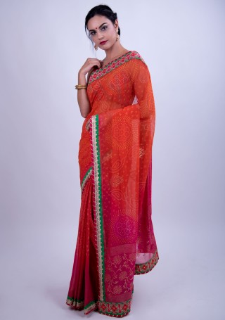 Coral and Hot Pink Bandhej Foil Printed Georgette Saree