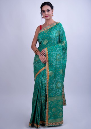 Jade Green Bandhej Foil Printed Georgette Saree