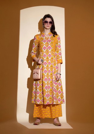 Yellow Multi-Colour Printed Cotton Flared Kurta Pant Set