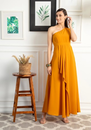 Mustard Yellow One Shoulder Draped Dress