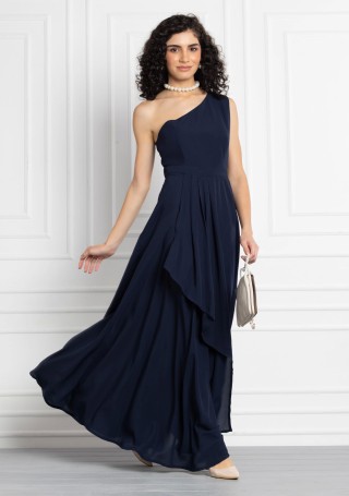 Dark Blue One Shoulder Draped Maxi Dress