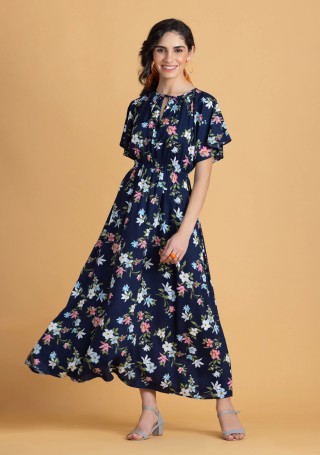 Dark Blue Floral Printed Rayon Long Dress