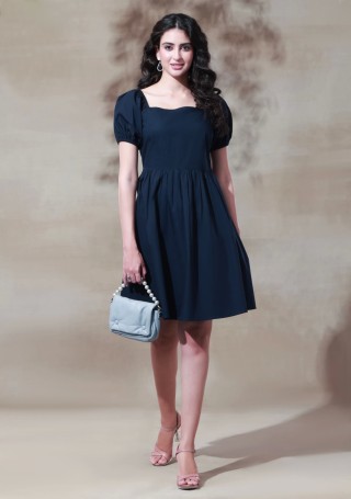 Dark Navy Blue Poplin Puff Sleeves Mini Dress