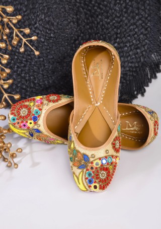 Beige Multi Colour Thread Embroidered Pure Leather Jutti