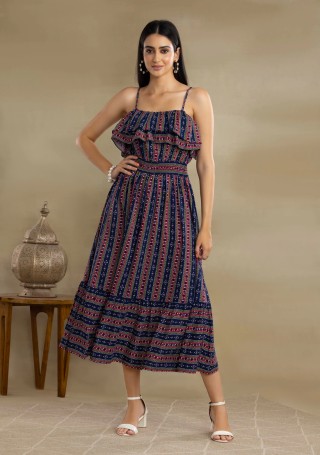 Dark Blue Ethnic Motif Print Strappy Ruffled Midi Dress