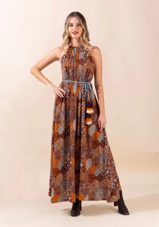 Multi Colour Ethnic Motif Patch Print Rayon Halter Neck Long Dress