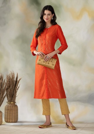 Orange Gold Print Muslin A-Line Kurti