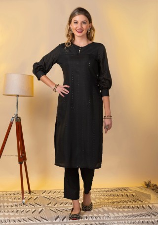 Black Sequins Embroidered Viscose Chanderi Silk Straight Kurta