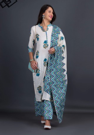 Ivory & Turquoise Pure Cotton Motif Printed Kurta Palazzo Dupatta Set