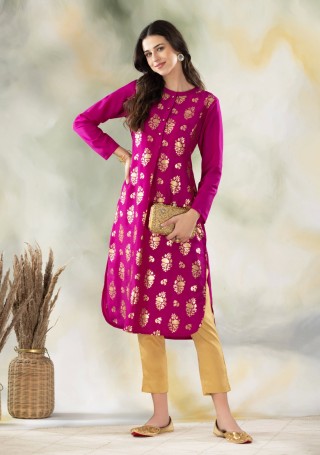 Purple Gold Foil Print Muslin A-Line Kurti