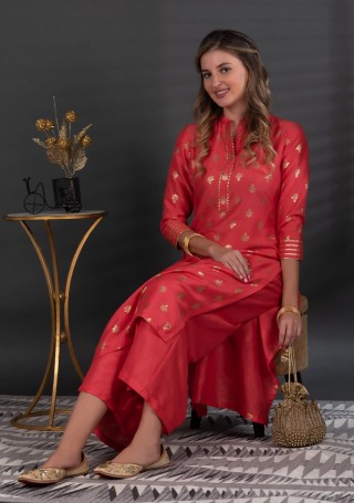 Coral Crepe Silk Foil Printed Straight Kurta