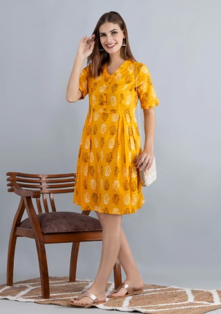 Yellow Printed Pure Cotton Fit & Flare  Dress