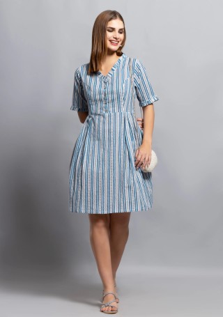 White & Blue Printed Pure Cotton Fit & Flare  Dress