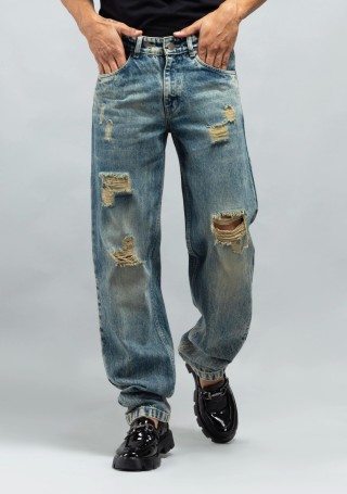 Greenish Blue Distressed Relaxed Fit Men's Fashion Jeans