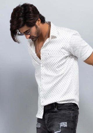 White Printed Slim fit Men's Stretch Cotton Shirt