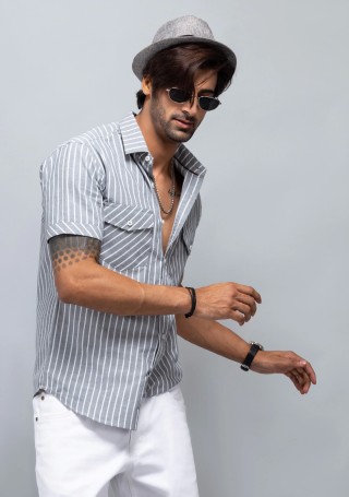 Grey Stripe Slim Fit Men