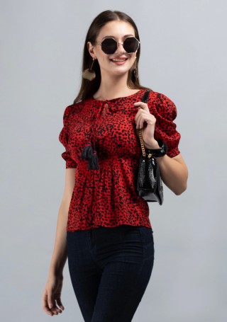 Red Colour Ditsy Print Crepe Top