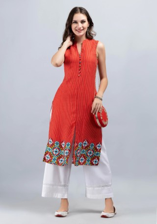 Red & Multi Border Printed Viscose Rayon Sleeveless Straight Kurta