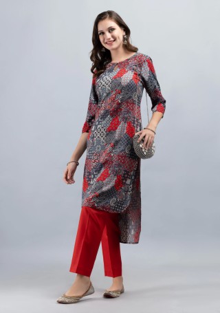 Grey & Red Patch Printed High Low Rayon Straight Kurta