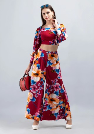 Wine Multi Floral Printed Viscose Rayon Co-Ord Set