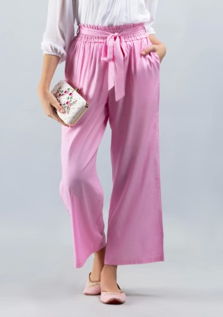 Pink Solid Viscose Rayon Ruffled Belt  Palazzo Pants