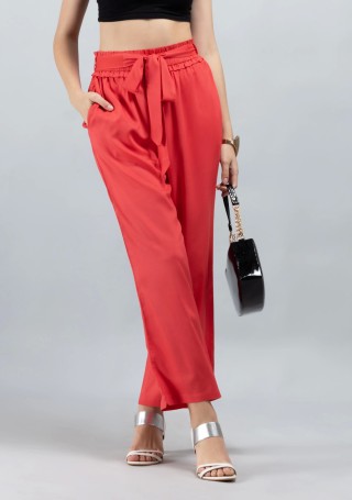 Coral  Solid Viscose Rayon Ruffled Belt Palazzo Pants