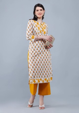 White & Mustard  Printed Cotton  Straight Kurta