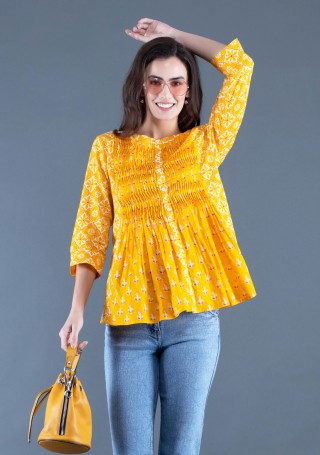 Yellow Ethnic Motif Print Cotton Top