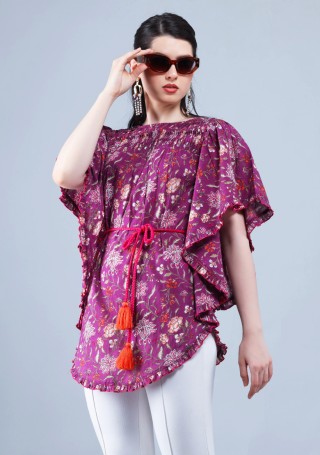 Purple Ethnic Floral Motif Print Cotton Kaftan Top