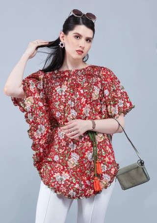 Rust Ethnic Floral Motif Print Cotton Kaftan Top