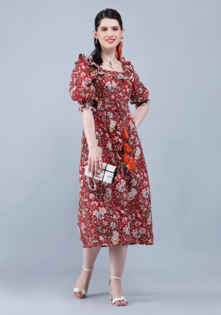 Rust Ethnic Floral Motif Print Cotton Flared Midi Dress