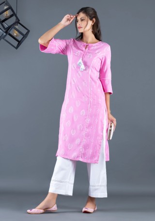 Pastel Pink Khari Motif Printed Viscose Rayon Panelled Straight Kurta