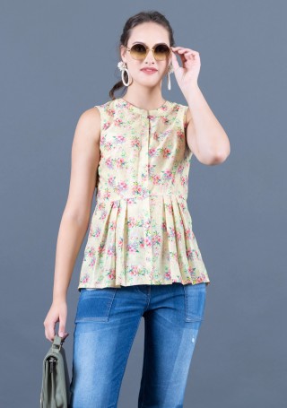 Neon Yellow Water Colour Floral Printed Muslin Peplum Top