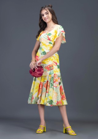 Multi Colour Big Floral Print Georgette Ruched Midi Dress