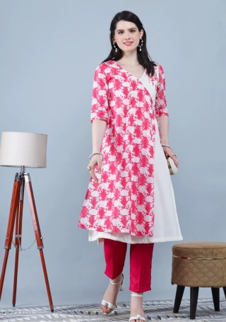 Rose Pink & Off White Pure Cotton Printed Straight Kurta