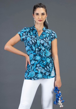 Blue Oriental Floral Print Wrap Around Top