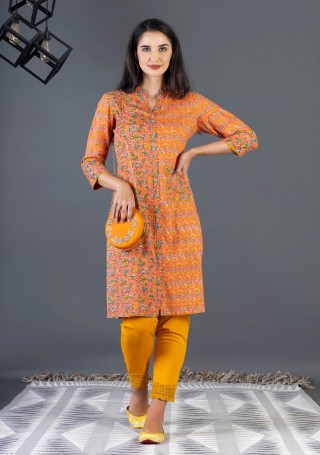 Orange Ethnic Print Cotton Straight Kurta