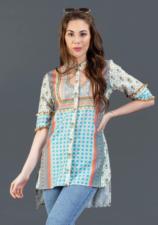 Multi Colour Ethnic Motif Linen Blend Tunic