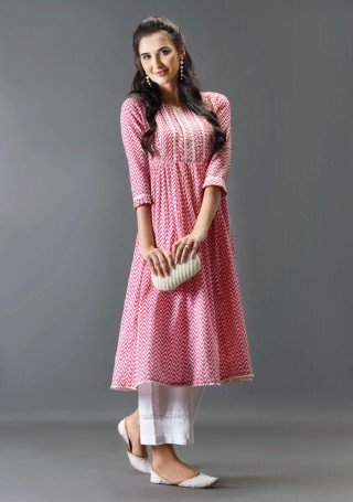 Pink Cotton Flared Kurta