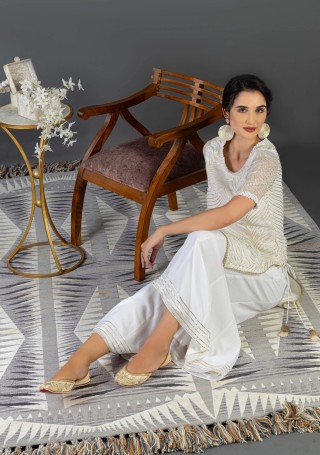 Off-White Gota Embroidered Georgette Kurta Sharara Set