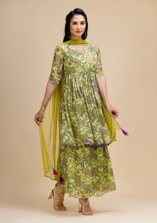 Green Paisley Print Georgette Flared Kurta Suit Set