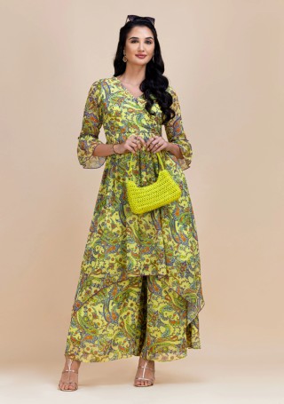 Green Paisley Printed Asymmetrical Georgette Kurta