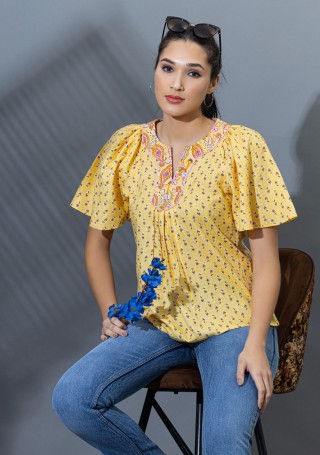 Yellow Ethnic Motif Print Cotton Top